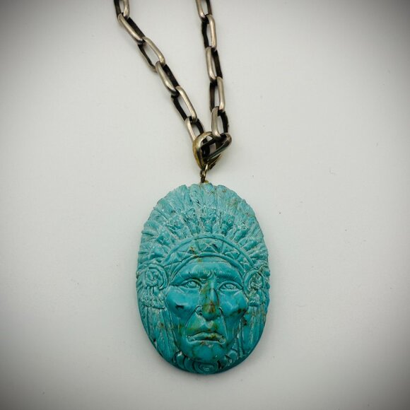 Jewelry - Carved Turquoise Chief Pendant - 15g - 925 bail